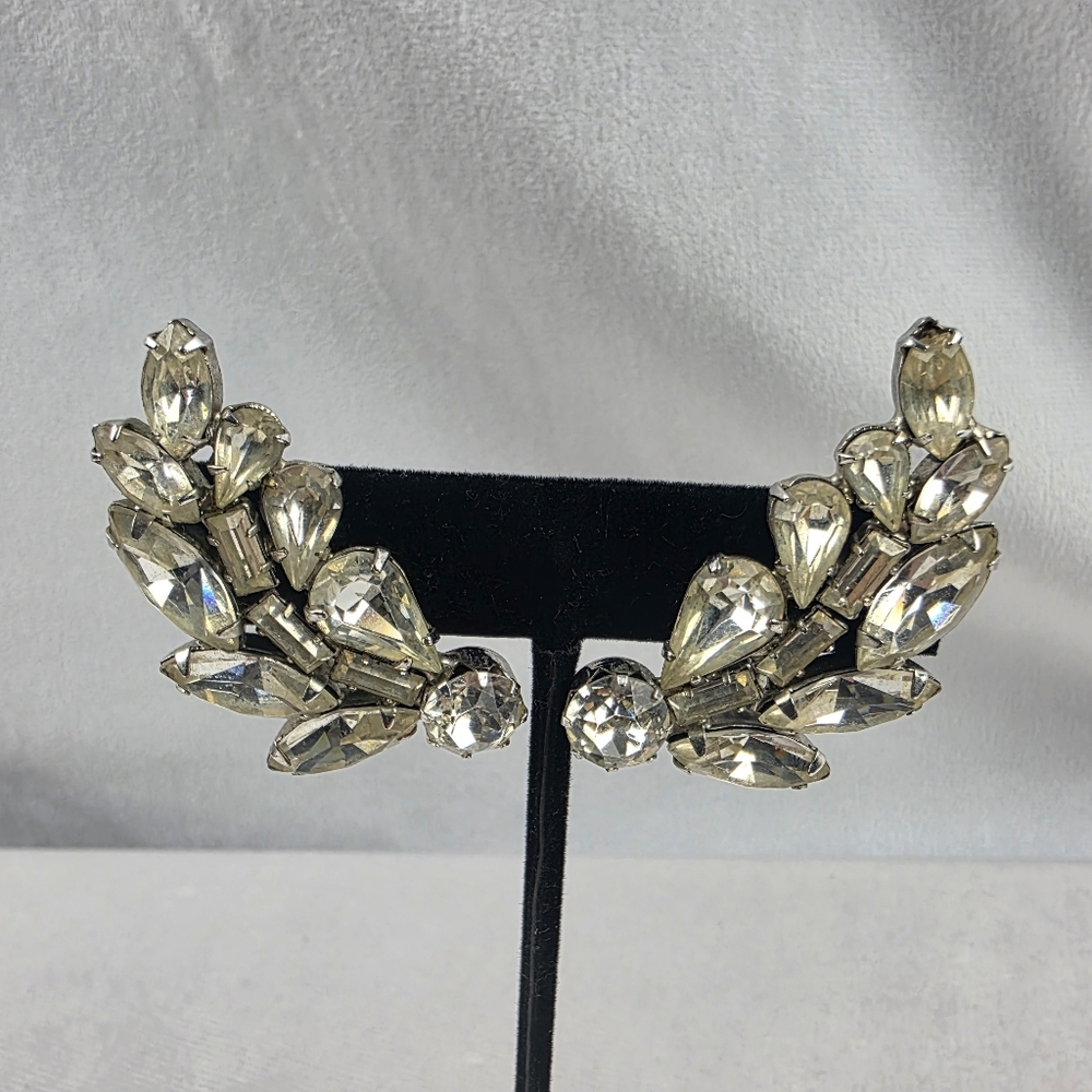 Vintage Elegant Crystal Leaf Spray Climber Clip On Earrings